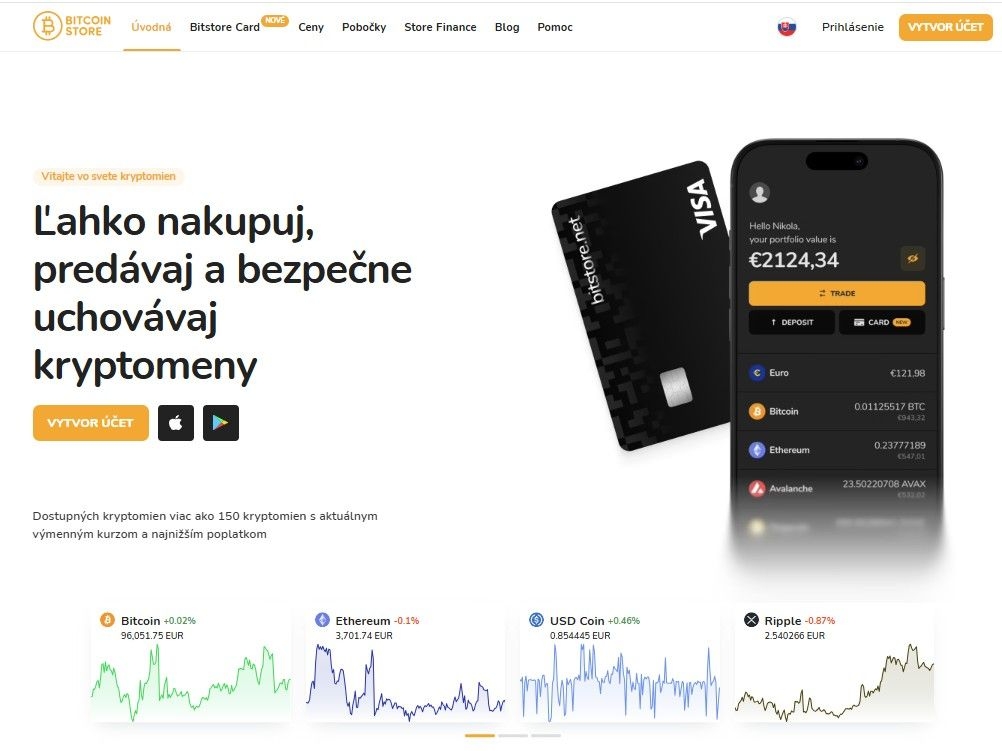 Úvodná obrazovka krypto zmenárne Bitcoin Store, kde môžete kúpiť Bitcoin a ďalšie kryptomeny.