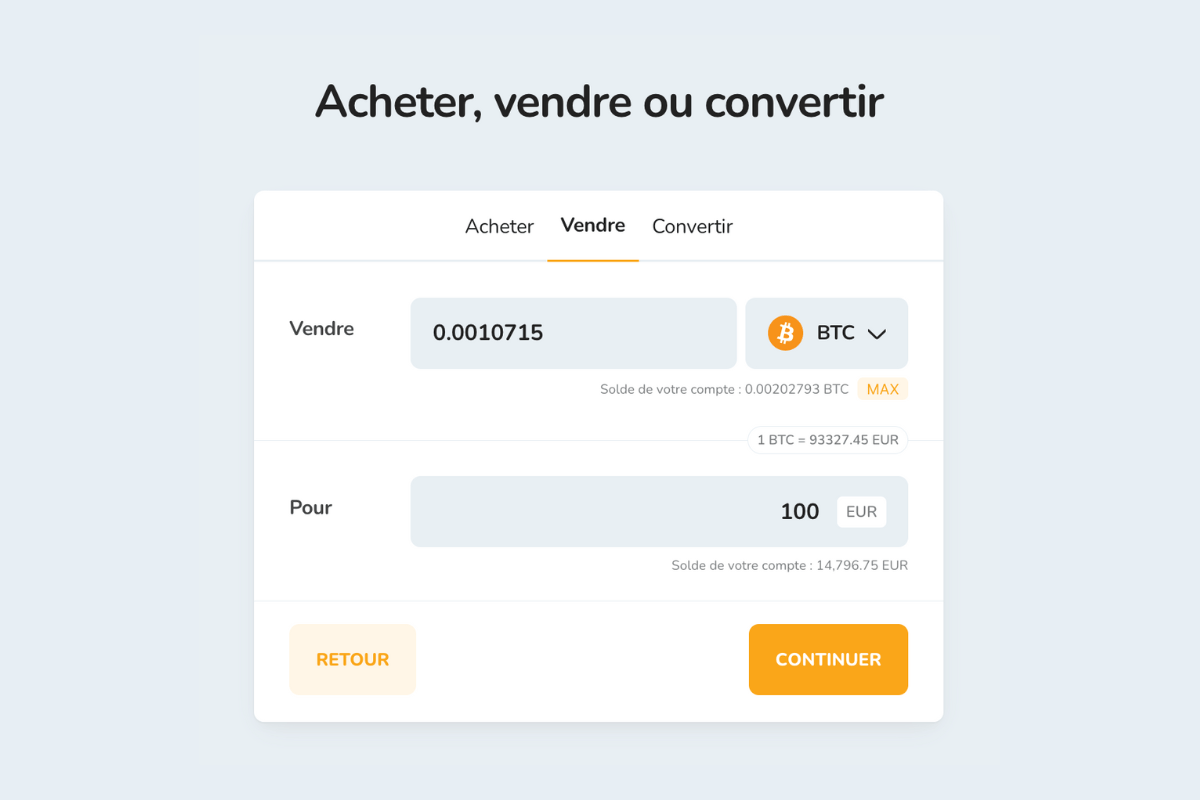 Vente de cryptomonnaies pour un montant en euros (EUR).