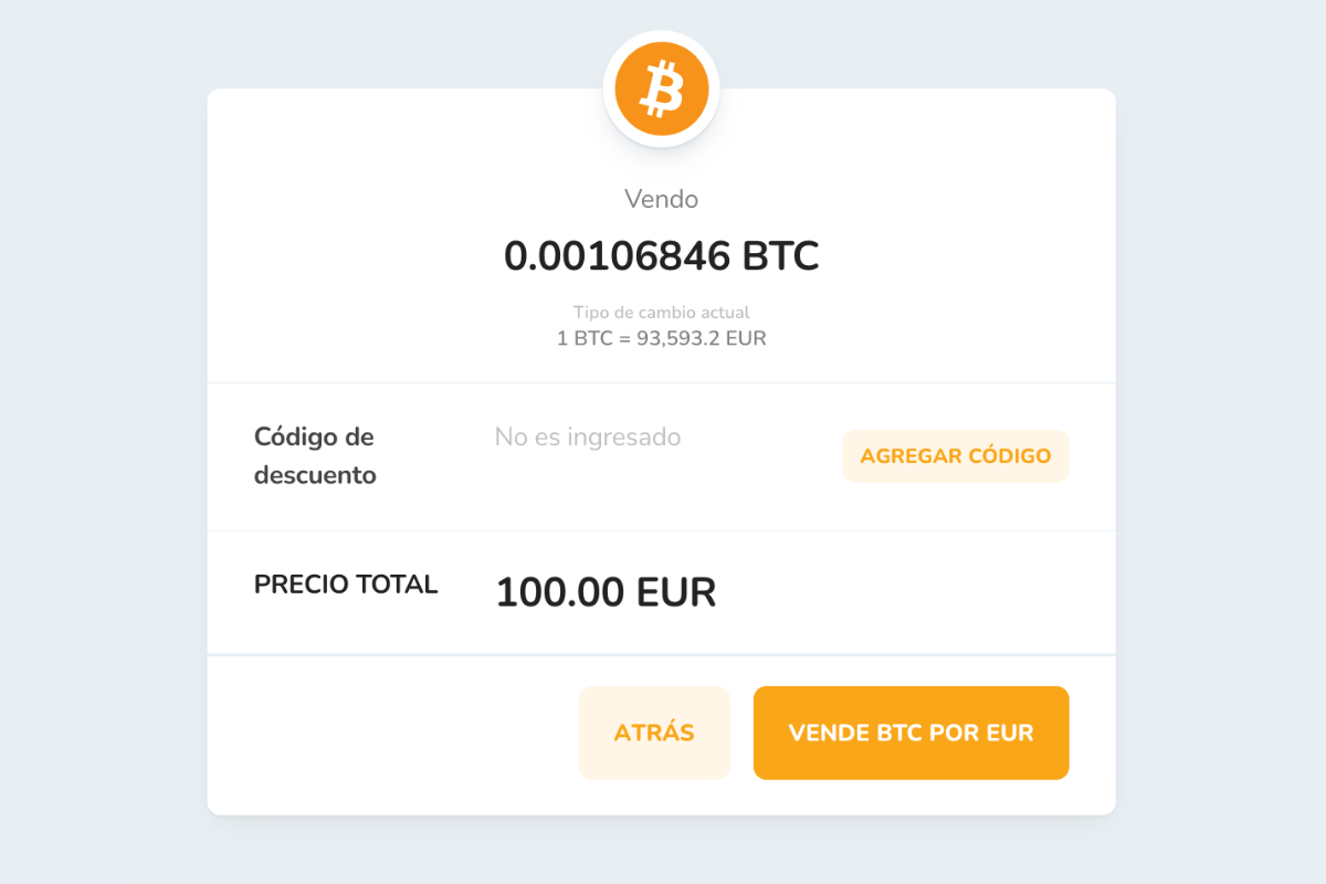 Confirmación de la venta de criptomonedas a través de Bitcoin Store Wallet.