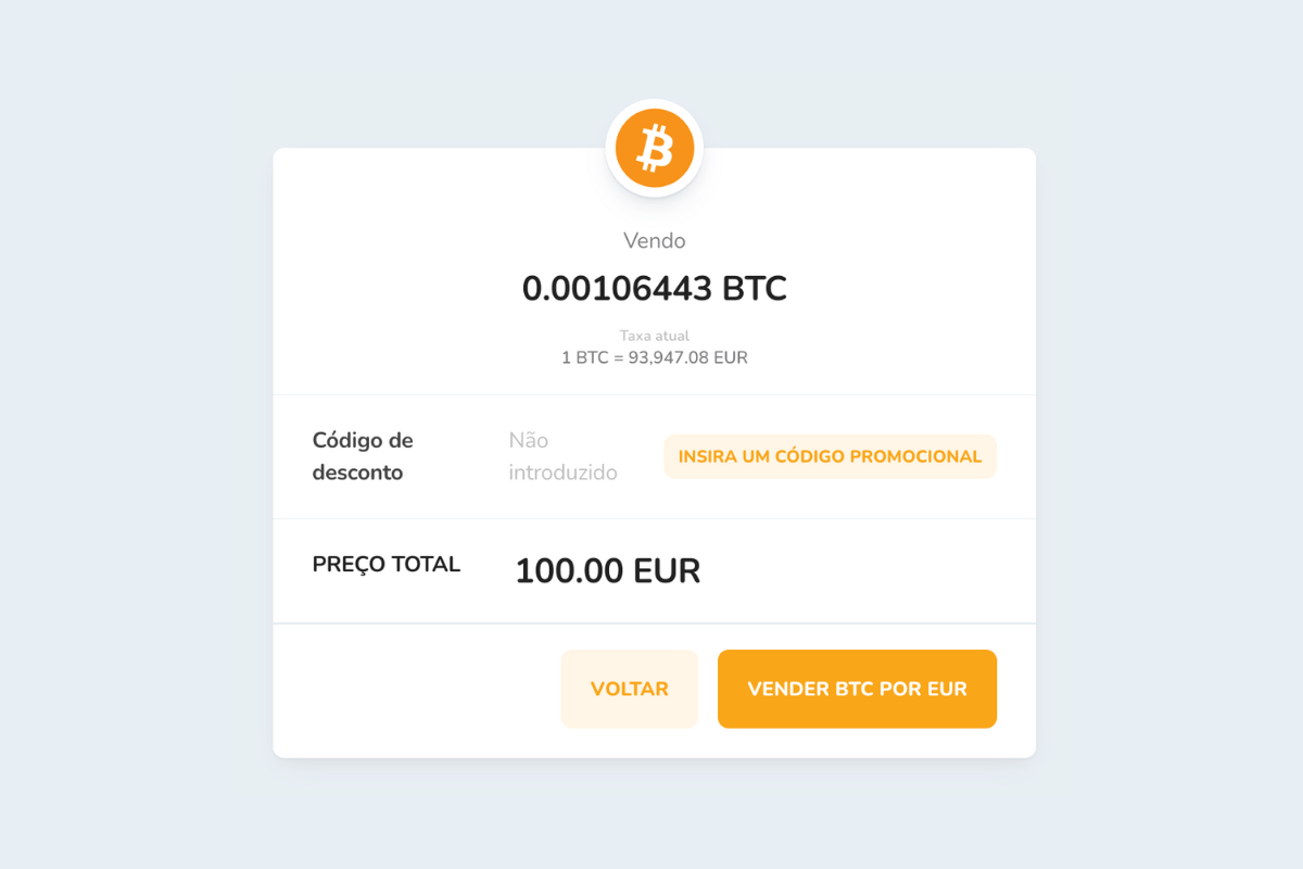 Confirmação da venda de criptomoedas via Bitcoin Store Wallet