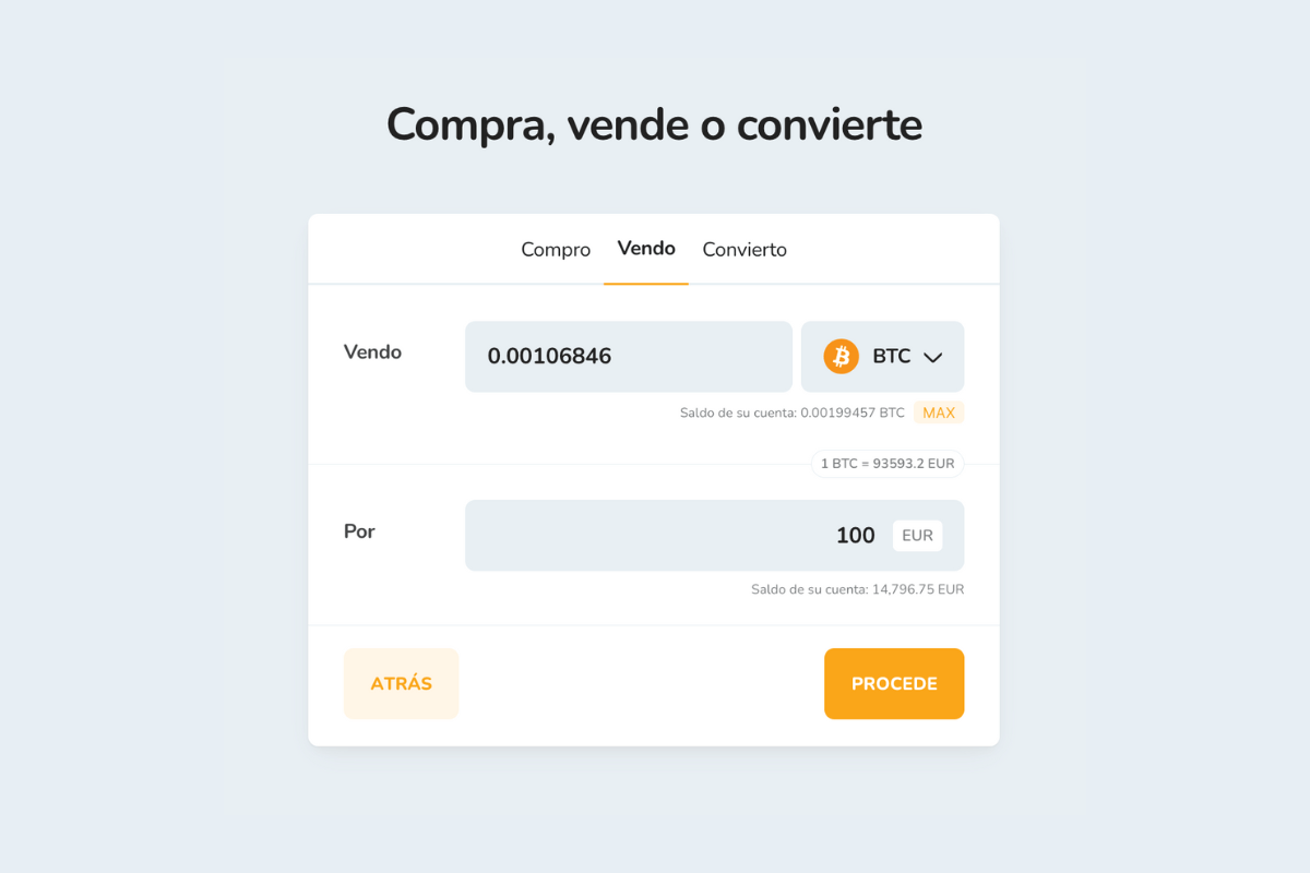 Venta de criptomonedas por una cantidad en Euros (EUR).