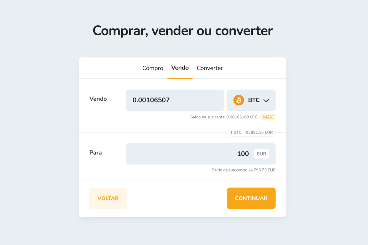 Vendendo criptomoedas por um valor em Euros (EUR)