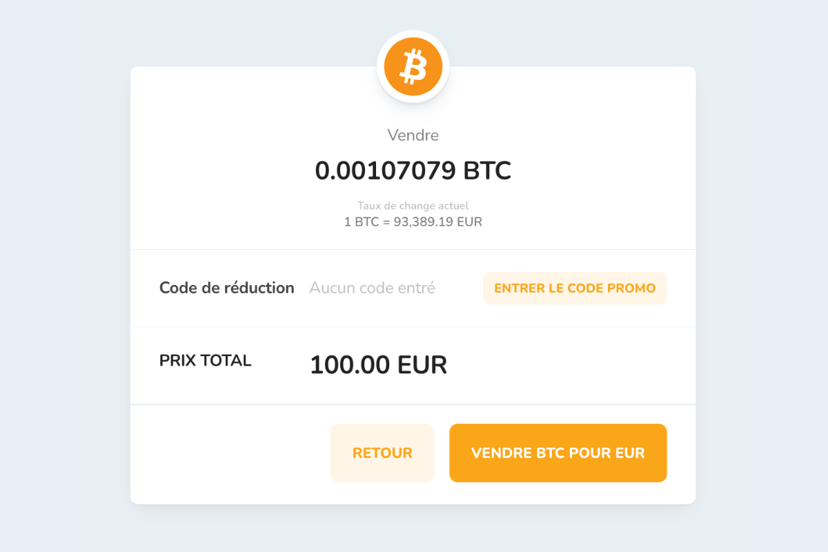 Confirmation de la vente de cryptomonnaies via Bitcoin Store Wallet