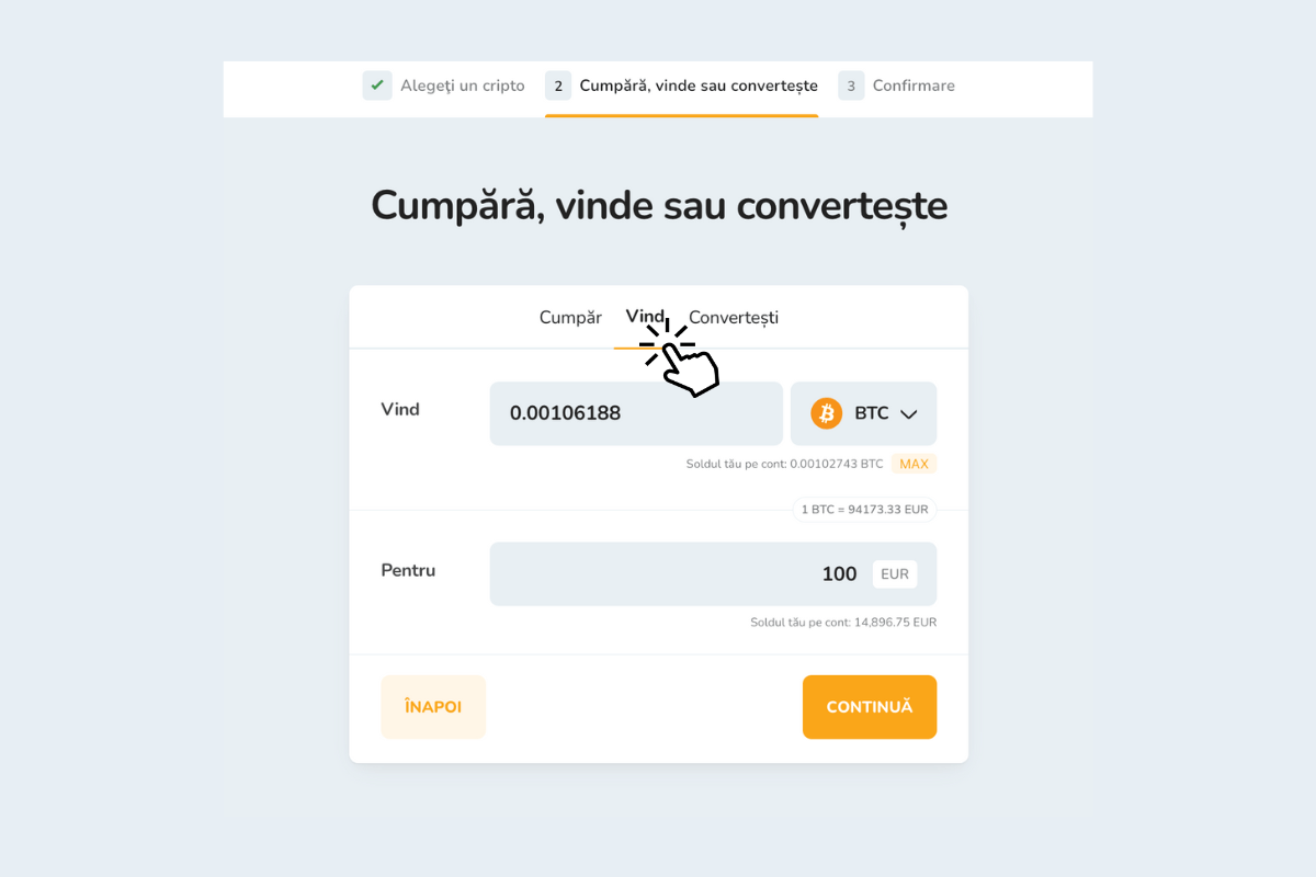 Vânzarea criptomonedelor pentru o sumă în Euro (EUR).