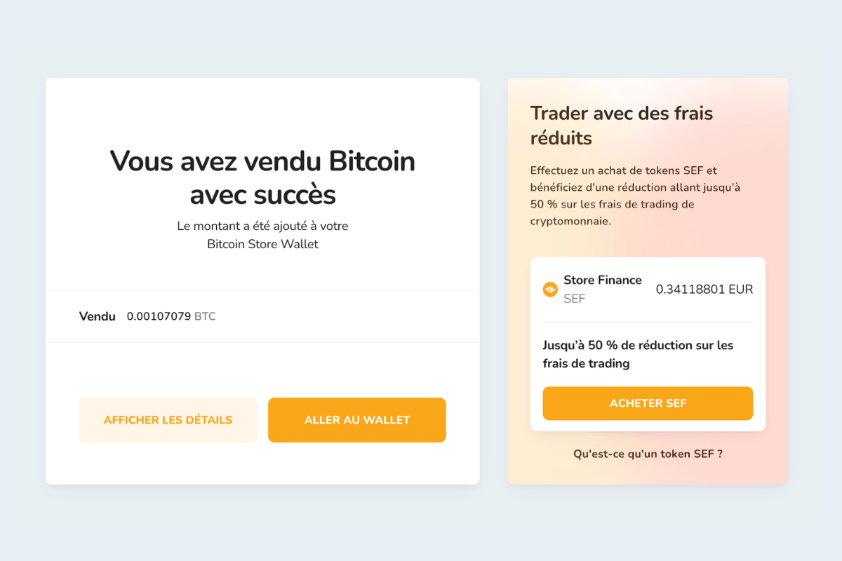 Confirmation de la vente de cryptomonnaies via Bitcoin Store Wallet.