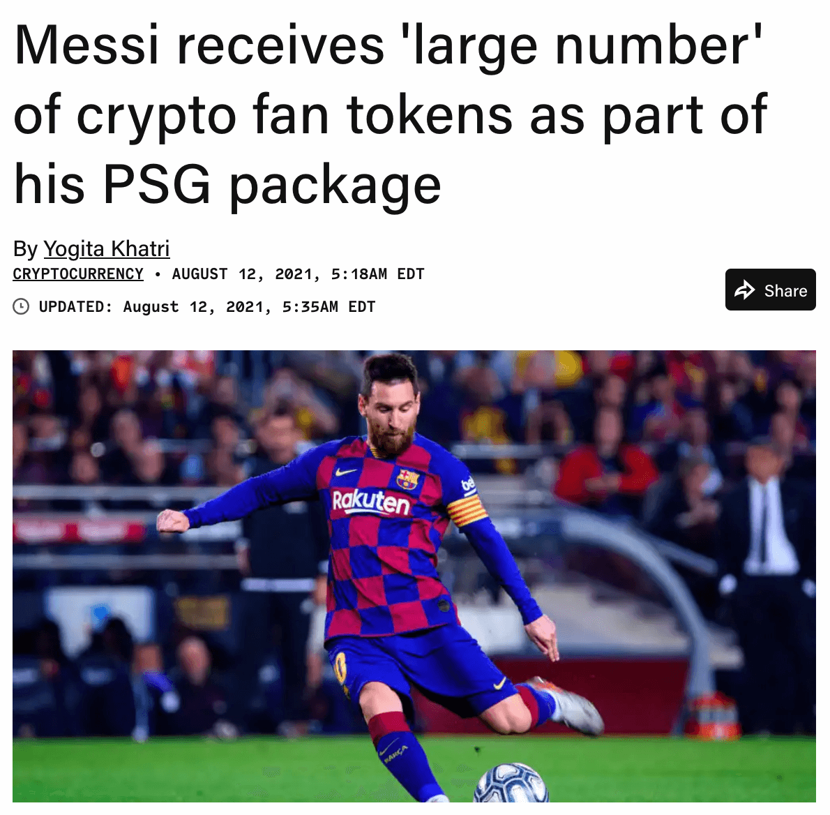 Captura de ecrã do artigo do portal The Block que informa que Lionel Messi recebeu parte do seu bónus de assinatura no PSG em fan tokens do clube.