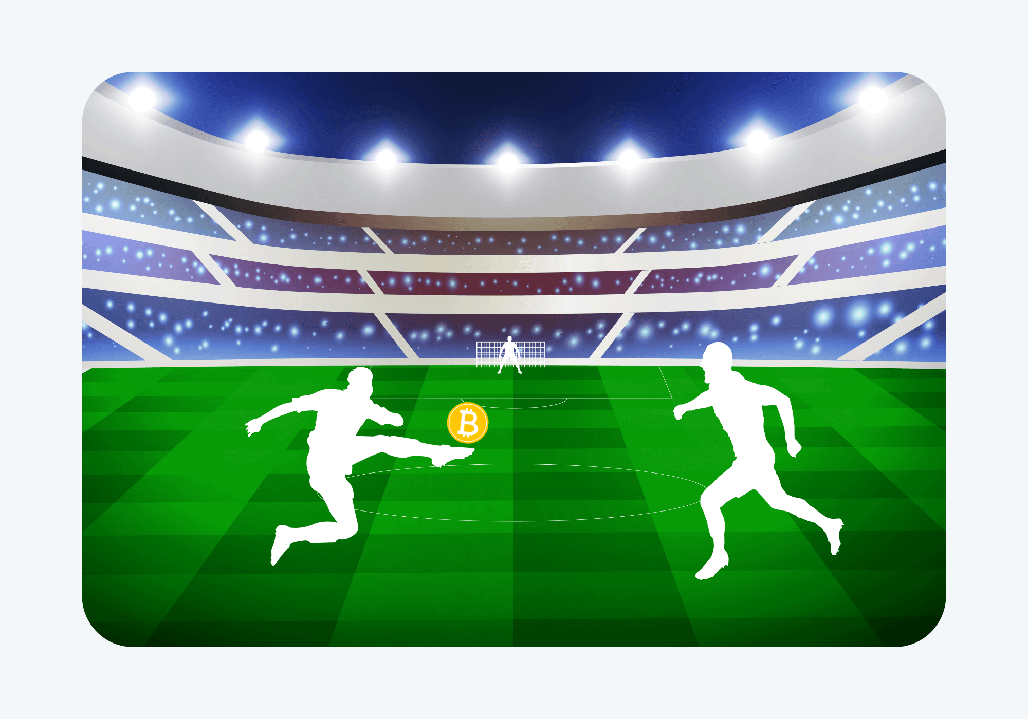 The visual shows a football stadium where players are using a Bitcoin logo instead of a football, symbolizing the connection between the world of crypto and the world of football.
