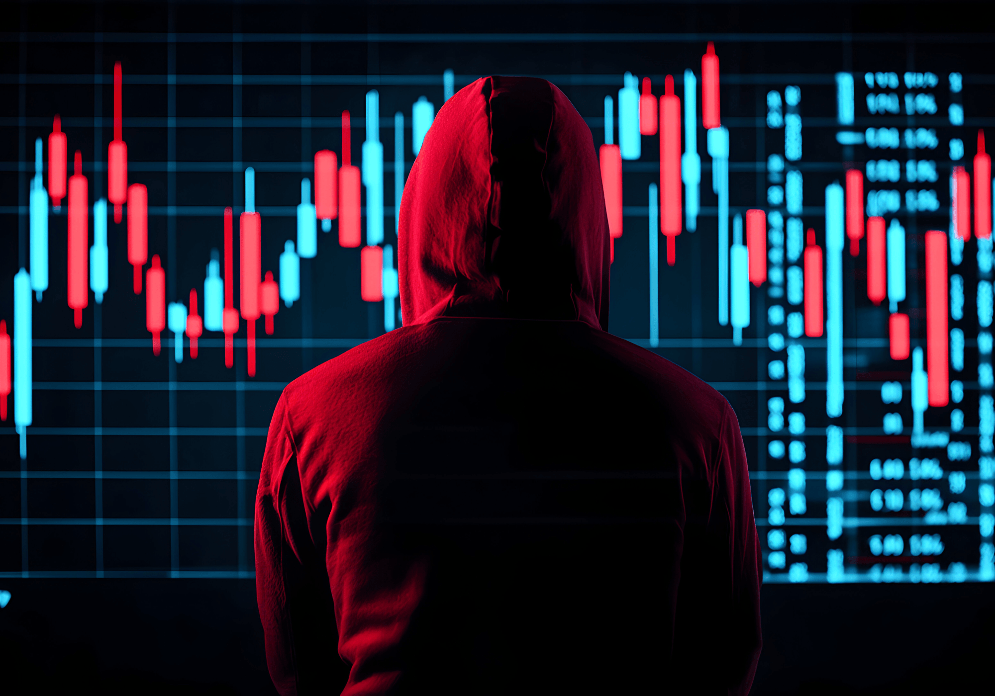 Un hacker devant un graphique en chandeliers bleu et rouge.