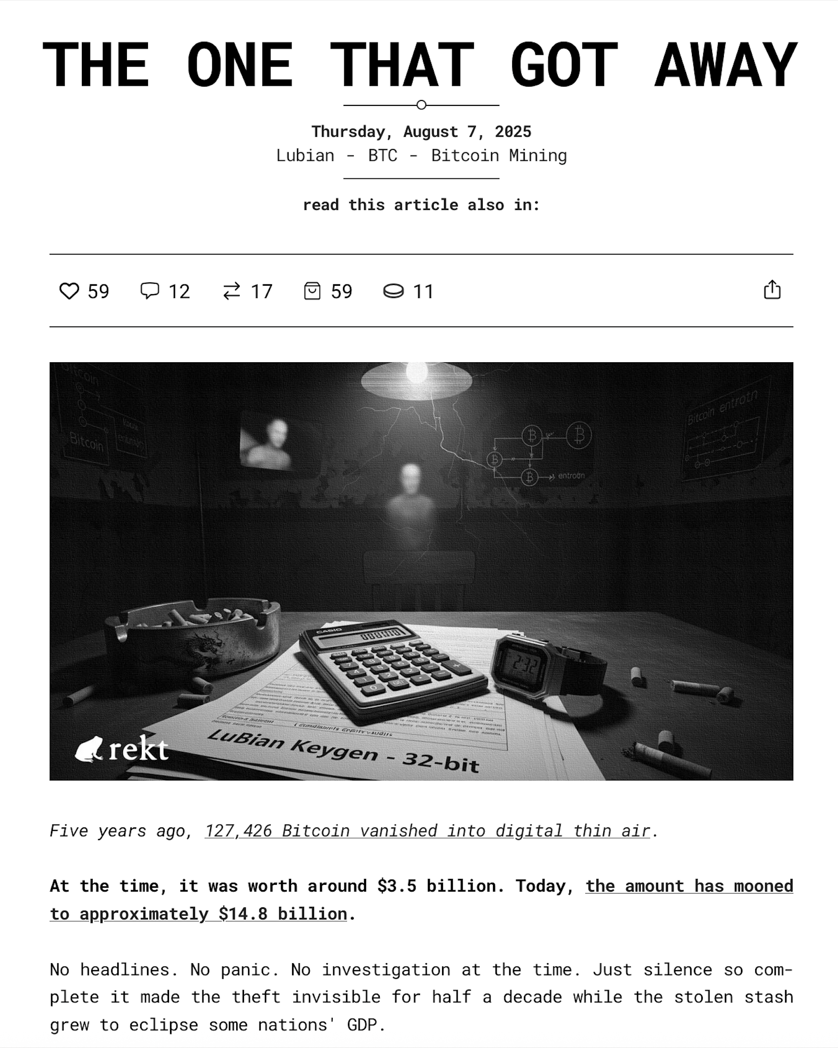 Screenshot of an article about the large Bitcoin theft from the LuBian mining pool.