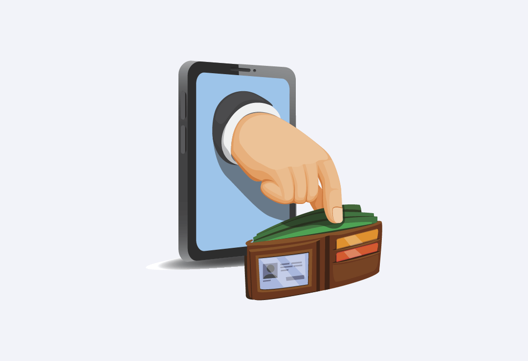 Vektorska ilustracija ruke koja izlazi iz pametnog telefona i krade novac iz novčanika.