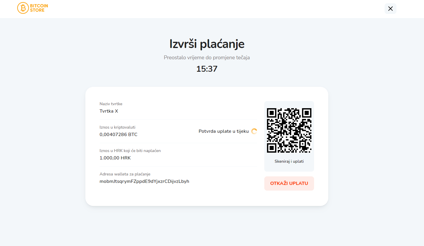 QR kod za plaćanje putem Bitcoin Store POS sustava.