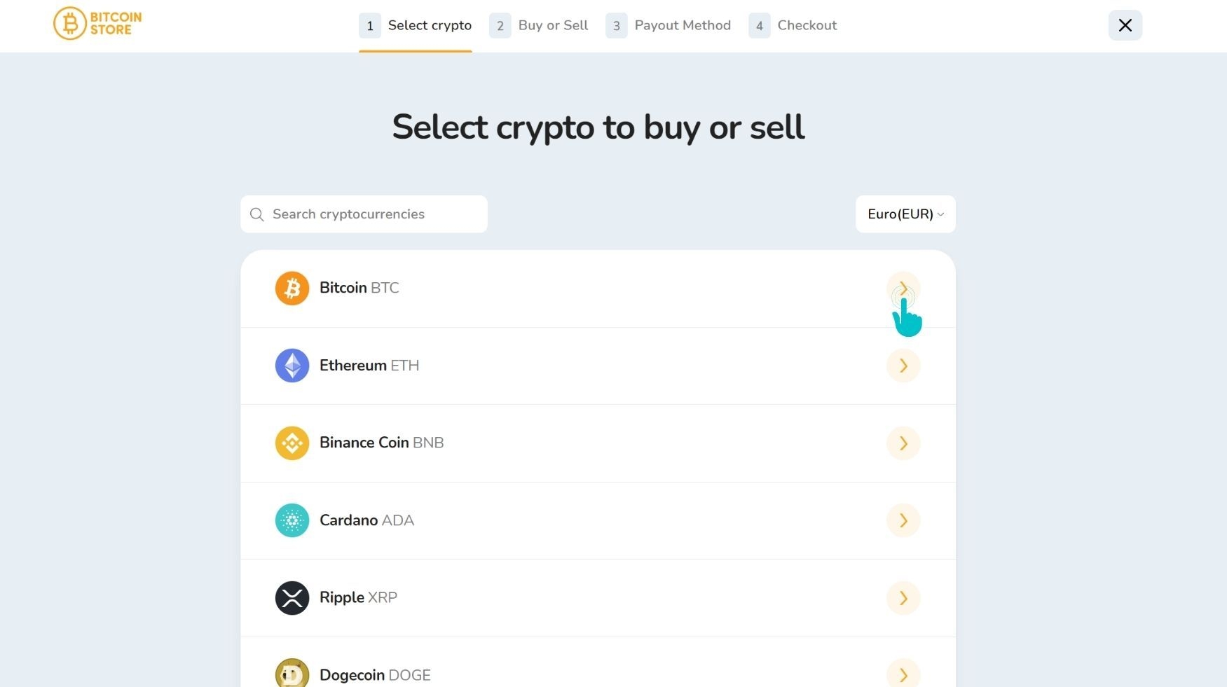 The list of cryptocurrencies on the Bitcoin Store platform.