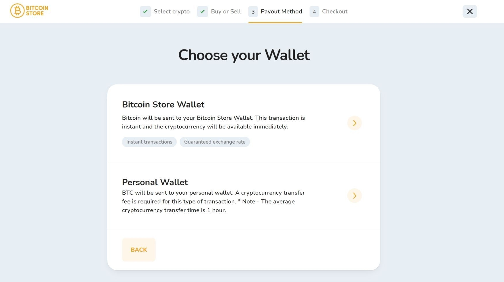 The window for selecting the wallet as a payout method on the Bitcoin Store platform.