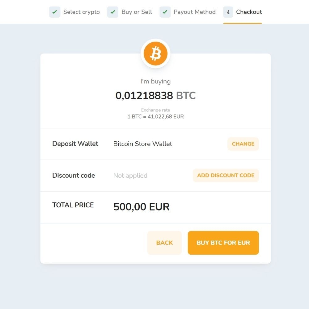 The checkout window for buying the cryptocurrency on the Bitcoin Store platform.