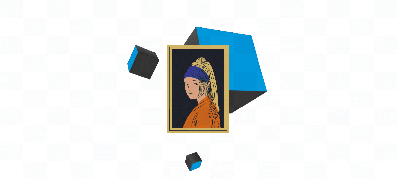 Portrait of a girl with a pearl earring surrounded by blockchain cubes.