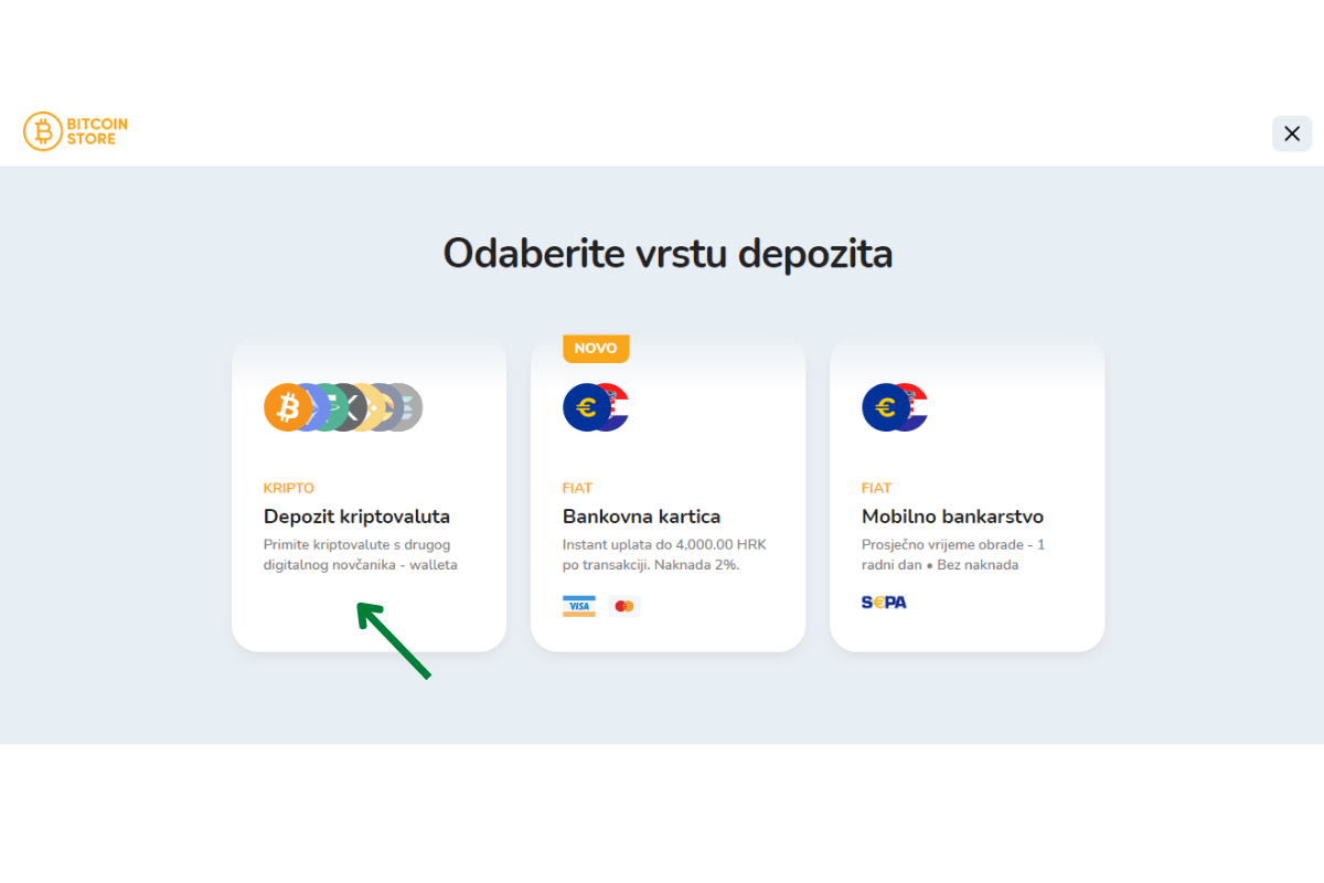 Prozor za odabir vrste depozita na Bitcoin Store platformi.