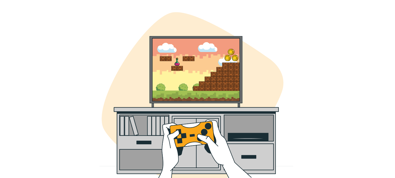 The illustration shows an orange video game console.