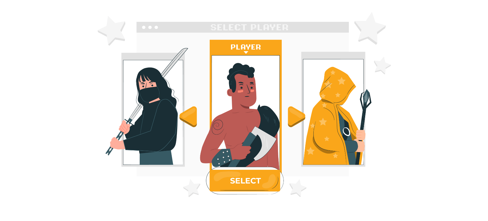 The illustration shows the selection of an avatar within a video game.