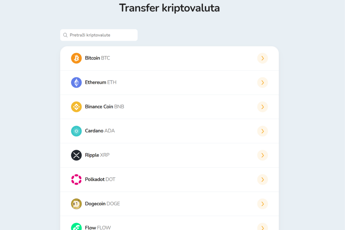 Slika prikazuje popis najpopularnijih kriptovaluta u ponudi Bitcoin Store platforme.