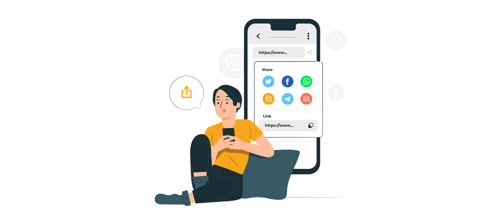 The illustration shows a person sharing the link on social media via smartphone.