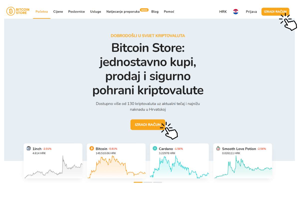 Početni zaslon Bitcoin Store kripto mjenjačnice na kojoj možete kupiti Bitcoin i druge kriptovalute.
