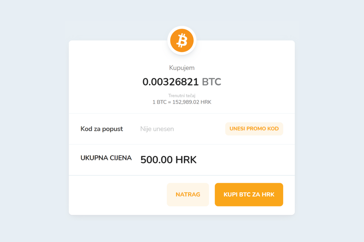 Prozor za potvrdu kupnje Bitcoina (BTC) kriptovalute za Kune (HRK).