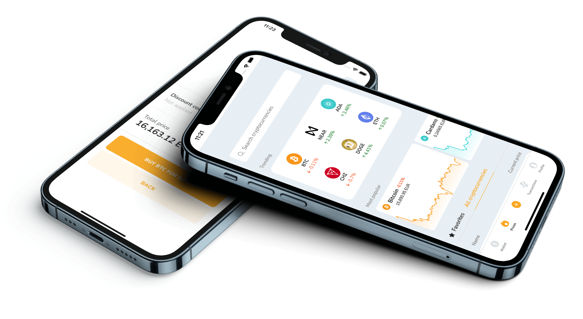 Nova Bitcoin Store Wallet aplikacija za jednostavnu kupnju, prodaju i pohranu kriptovaluta prikazana na dva polegnuta iPhone uređaja.