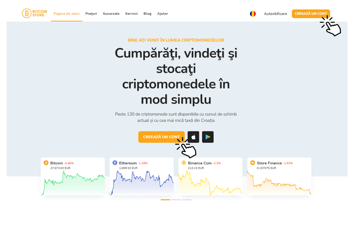 Ecranul de start al platformei Bitcoin Store pentru schimbul de criptomonede, unde puteți cumpăra Bitcoin și alte criptomonede.