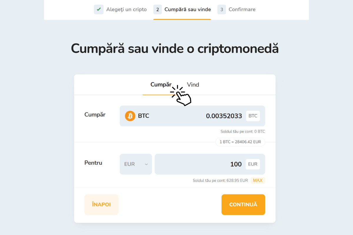 Cumpărarea Bitcoin (BTC) pentru euro (EUR) pe platforma de schimb Bitcoin Store.