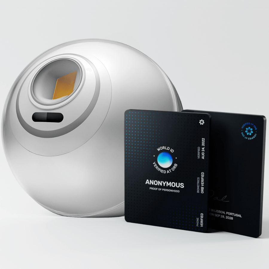 Slika prikazuje Worldcoin uređaj za skeniranje šarenice oka i tzv. Word ID digitalnu putovnicu.