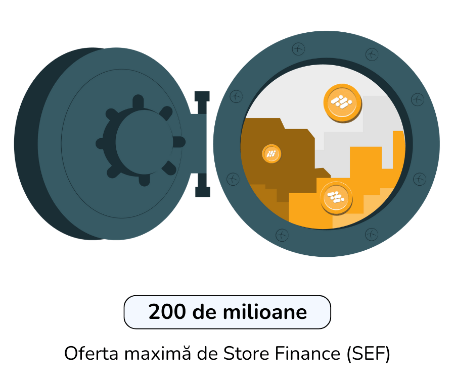 Ilustrația arată un seif care simbolizează furnizarea maximă a jetonului Store Finance (SEF).