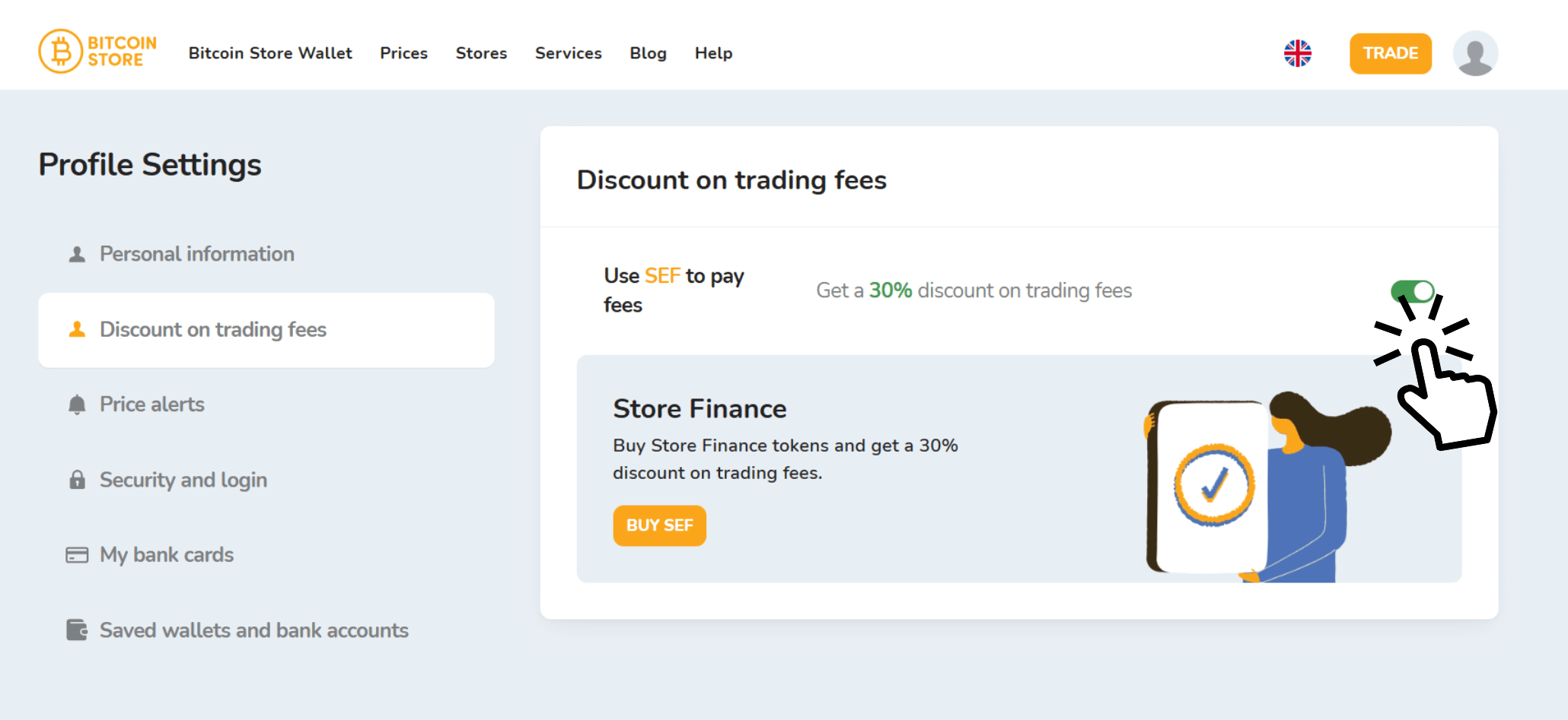 The Bitcoin Store Wallet app screenshot shows how to turn on the feature to pay 30% less on cryptocurrency trading fees.
