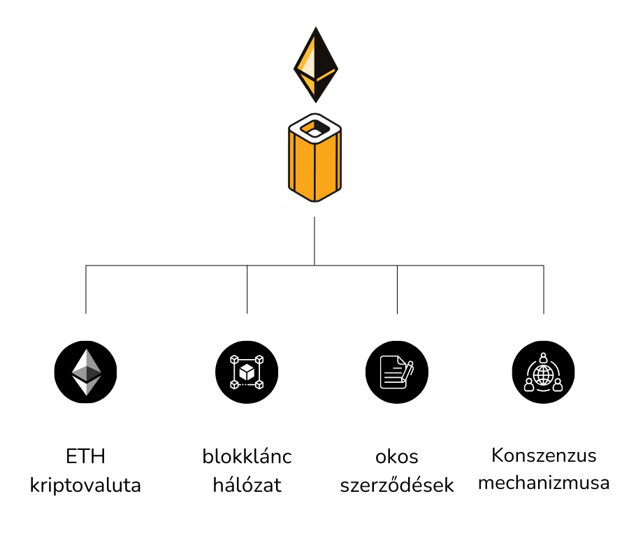 Az infografika elmagyarázza az Ethereum hálózatot alkotó egyes elemeket, és bemutatja az Ethereum kriptovaluta és a hálózat közötti különbséget.