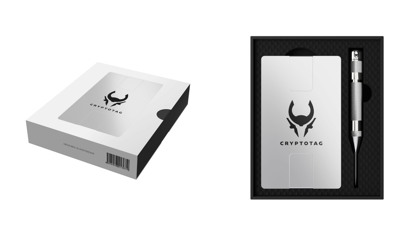 CryptoTag titanium plates designed for long-term storage of cryptocurrency wallet seed phrases. It's compatible with popular hardware cryptocurrency wallets like Ledger and Trezor.