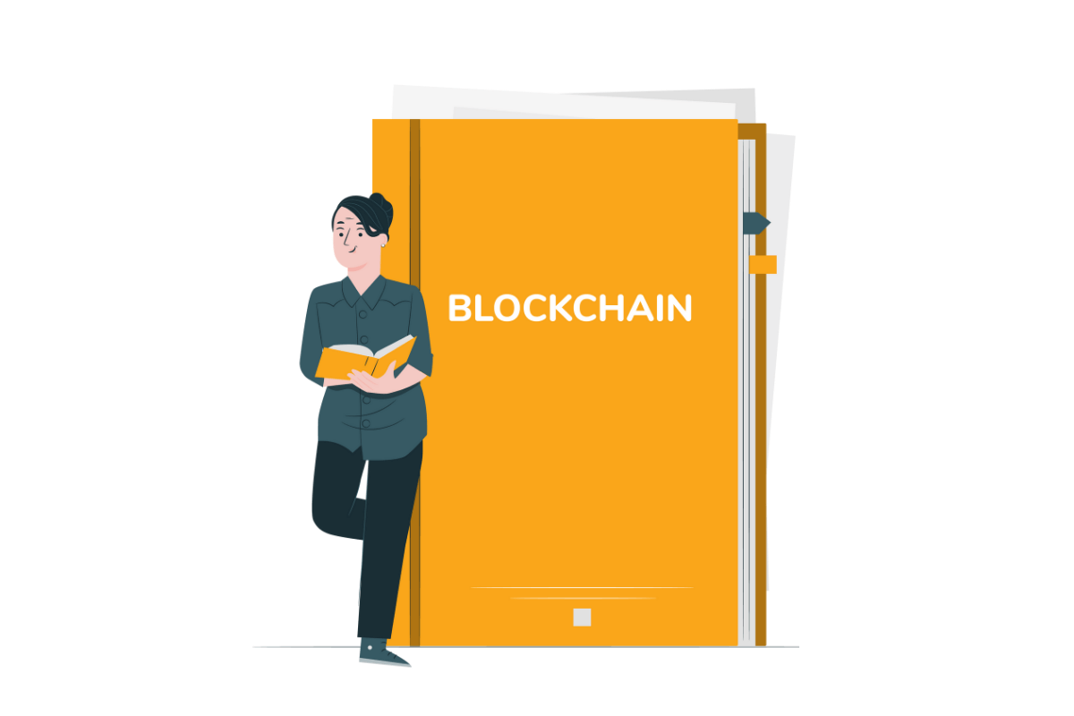 L'illustrazione mostra una donna appoggiata a un grande libro arancione con il titolo "blockchain".