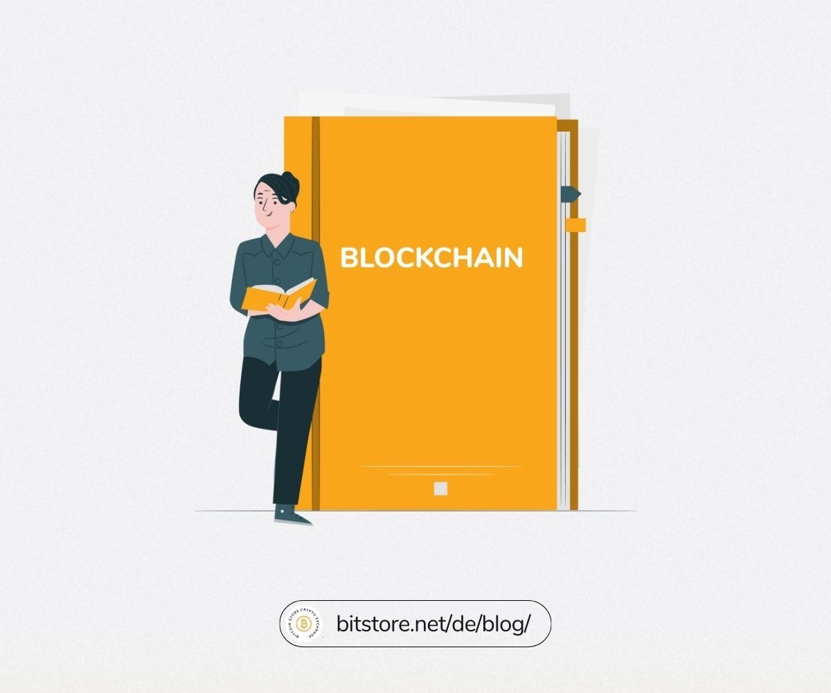 Die Illustration zeigt ein oranges Buch mit dem Titel Blockchain.