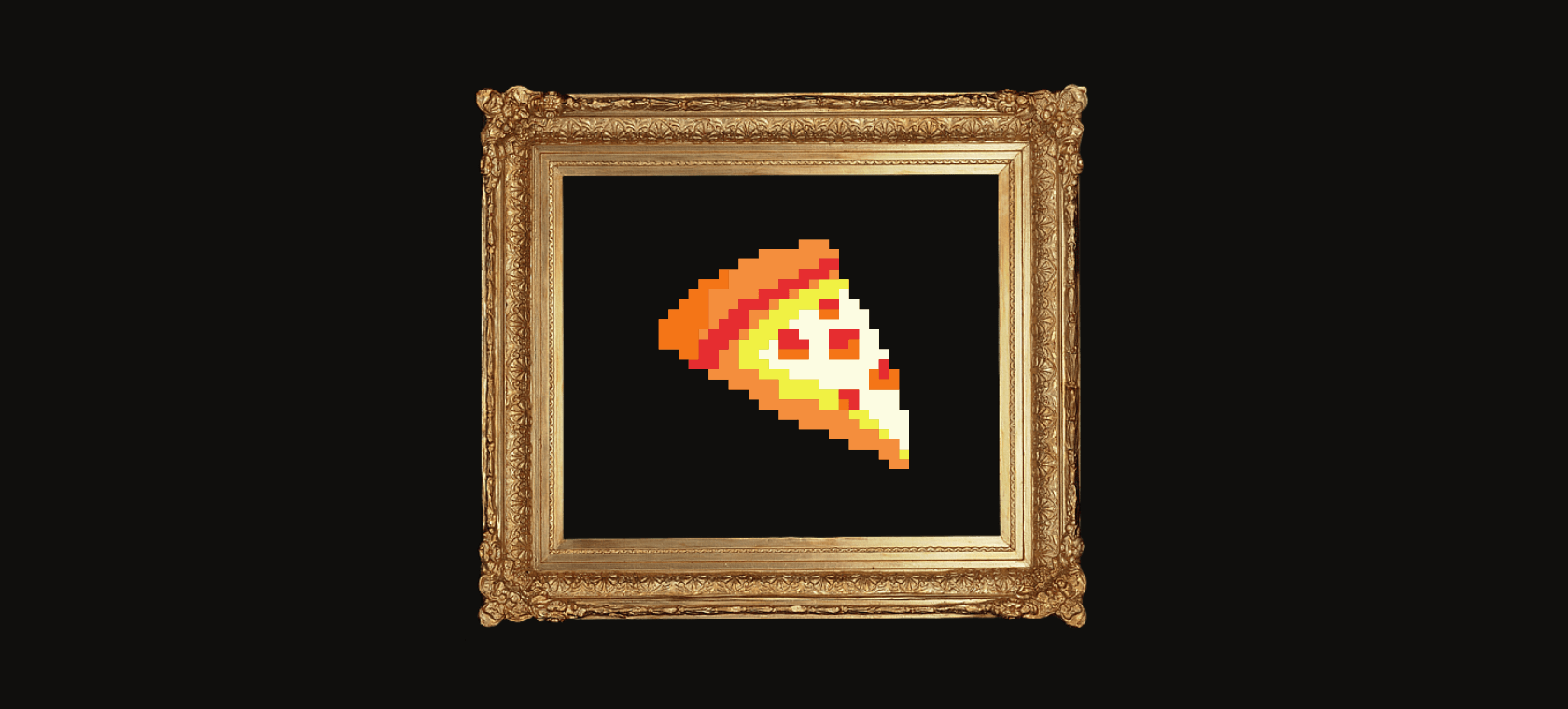 Pixel illustration of NFT pizza artwork in a gold antique picture frame.