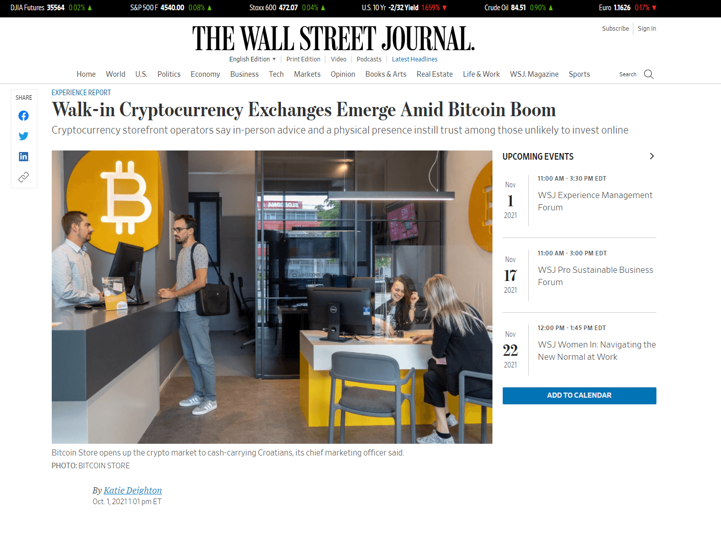Un articolo della rivista finanziaria The Wall Street Journal sugli scambi fisici di criptovalute.
