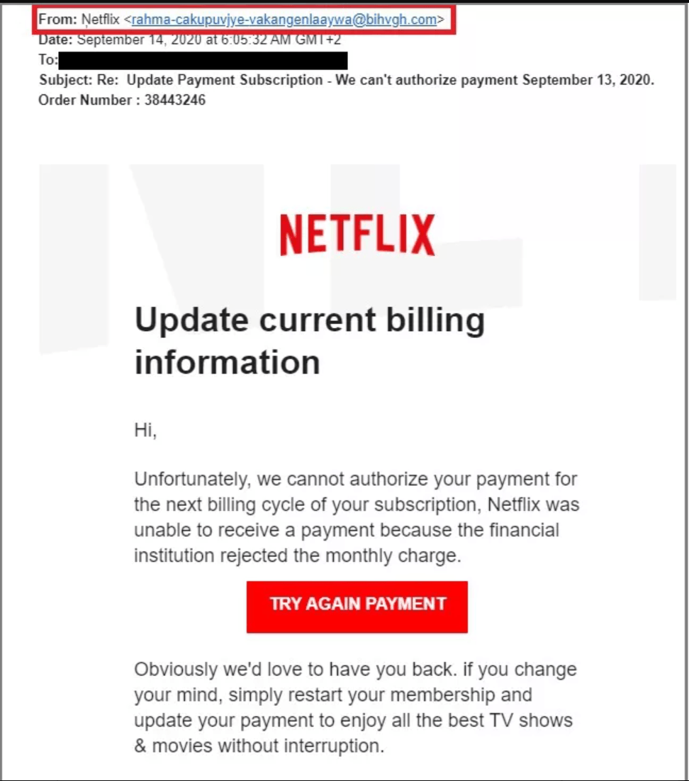 Primjer lažnog phishing Emaila koji se šalje u ime Netflixa, a koji ima za cilj krađu osobnih podataka.